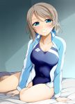  big_breasts blue_eyes blush grey_hair jacket love_live!_sunshine!! short_hair smile swimsuit watanabe_you 