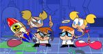  blonde_hair blue_eyes dee_dee dexter dexter&#039;s_laboratory dress glasses halo laboratory middle_finger redhead rocket rude_dee_dee rude_dexter sakikomana tutu 