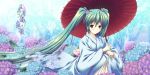  aqua_hair flower hatsune_miku hydrangea japanese_clothes kimono long_hair minakami_nagara oriental_umbrella rain twintails umbrella very_long_hair vocaloid 