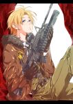  america_(hetalia) assault_rifle axis_powers_hetalia bad_id belt blonde_hair blue_eyes bomber_jacket glasses gloves grenade_launcher gun hagoromo_rika m-16 m-203 m203 m4_carbine male military military_uniform necktie rifle short_hair solo star underbarrel_grenade_launcher uniform weapon 