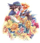  1boy arlon_(pokemon) black_hair blush closed_eyes flower hat inumimi-syndrome lucario pokemon pokemon_(creature) smile 