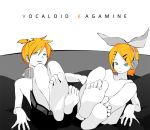 1boy 1girl barefoot blonde_hair feet green_eyes h_e_r_o hair_ornament hair_ribbon hairclip headphones hero_(pixiv) kagamine_len kagamine_rin ribbon siblings topless twins vocaloid