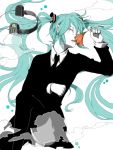  aqua_hair bad_id closed_eyes flower formal hatsune_miku long_hair lying necktie saihate_(vocaloid) skirt_suit suit tears thigh-highs thighhighs twintails vocaloid 