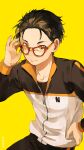  1boy absurdres bangsutur black_hair glasses hair_slicked_back hand_on_eyewear hand_on_hip hand_up highres male_focus natsuki_subaru orange_eyes re:zero_kara_hajimeru_isekai_seikatsu smile solo track_suit yellow_background 