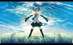  eto field green_eyes green_hair hatsune_miku headset letterboxed long_hair necktie outstretched_arms skirt sky spread_arms thigh-highs thighhighs twintails very_long_hair vocaloid zettai_ryouiki 