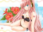  arm_support bikini blue_eyes butterfly flower front-tie_top hibiscus long_hair megurine_luka pengin_guriko pink_hair side-tie_bikini smile solo striped striped_bikini striped_swimsuit swimsuit vocaloid 