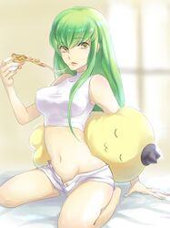  c.c. cc cheese-kun code_geass food green_hair hands hotpants isumimax lips long_hair midriff navel pizza pizza_hut short_shorts shorts sleeveless stuffed_animal stuffed_toy turtleneck unzipped window yellow_eyes 