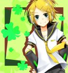  abe. bad_id blonde_hair blue_eyes clover cosplay crossdressing crossdressinging hair_ornament hairclip headphones kagamine_len kagamine_len_(cosplay) kagamine_rin necktie smile solo vocaloid 