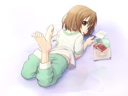  bad_id barefoot brown_eyes brown_hair feet hirasawa_yui k-on! lying magazine mouth_hold on_stomach pajamas pocky short_hair solo tam2 