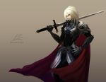  aqua_eyes armor blonde_hair cape gloves leon_(sword_world) male master_bimo short_hair solo sword sword_world tachikawa_mushimaro wallpaper weapon 