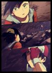  2boys baseball_cap cave epic fingerless_gloves gloves gold_(pokemon) hand_on_hat hat hat_tip jutu male mountain multiple_boys pokemon pokemon_(game) pokemon_gsc pokemon_rgby red_(pokemon) showdown stairs yellow_eyes 