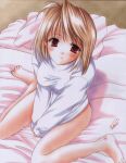  arcueid_brunestud barefoot bed blush bottomless brown_hair feet highres looking_at_viewer melty_blood red_eyes short_hair smile tsukihime 