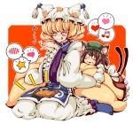  :q aburaage animal_ears bad_id blonde_hair brown_hair cat_ears cat_tail chen earrings food fox_tail hat heart jewelry kakao multi_tail multiple_girls multiple_tails musical_note short_hair star tail tail_hug tofu tongue touhou yakumo_ran 