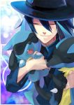  1boy bad_id blue_hair closed_eyes gen_(pokemon) hat hug lucario pokemon pokemon_(creature) riolu shiratama_moyashi smile wizard_hat 