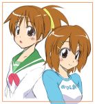  brown_eyes brown_hair hirasawa_ui hirasawa_yui k-on! mikagami_sou multiple_girls ponytail raglan_sleeves school_uniform serafuku short_hair siblings sisters 