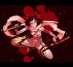  aya_(oneechanbara) aya_(oneechanbara)_(cosplay) bikini cosplay dual_wield dual_wielding idolmaster oneechanbara oohara_kyuutarou parody red_eyes sheath solo swimsuit sword thigh_strap unsheathing weapon wink 