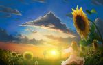  cloud clouds dress field flower highres hiraoka_masamune long_hair original scenery sky solo sun sunflower sunrise white_dress 