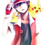  1boy baseball_cap black_hair dada_(dolce) fingerless_gloves gloves hat male pikachu pokemon pokemon_(creature) pokemon_(game) pokemon_special red_(pokemon) red_eyes short_hair simple_background smile 