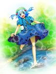  barefoot blue_hair hair_bobbles hair_ornament hat highres kawashiro_nitori key nanohito open_mouth running short_hair smile solo touhou twintails water 