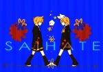  formal hair_ornament hair_ribbon hairclip headphones kagamine_len kagamine_rin necktie ribbon saihate_(vocaloid) short_hair shorts siblings twins vocaloid 