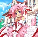  animal_ears dog_days dog_ears dog_tail dress feathers gloves haikuro mansion millhiore_f_biscotti pink_hair purple_eyes short_hair solo tail violet_eyes 