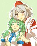  blush detached_sleeves green_eyes green_hair grey_hair hands hat highres hug inubashiri_momiji kochiya_sanae red_eyes ririvery tokin_hat touhou wolf_ears 