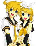  blonde_hair blue_eyes hair_ornament hair_ribbon hairclip headphones headset kagamine_len kagamine_rin midriff nntn ribbon short_hair siblings simple_background smile twins v vocaloid 