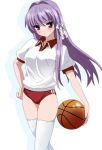  basketball buruma clannad fujibayashi_kyou gym_uniform long_hair momoiro_tanuki purple_eyes purple_hair simple_background thigh-highs thighhighs violet_eyes 