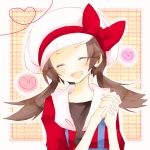  brown_hair closed_eyes hands_clasped hat hat_ribbon heart heart_of_string kotone_(pokemon) long_hair lowres pokemon pokemon_(game) pokemon_gsc pokemon_heartgold_and_soulsilver red_ribbon ribbon simple_background smile solo unbuttoned 