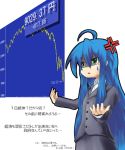  anger_vein angry blue_hair economy formal green_eyes izumi_konata long_hair lucky_star office_lady promotions r0g0b0 satire skirt_suit solo stock_market suit sweatdrop translated translation_request 