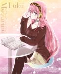  1girl adjusting_glasses bad_id bespectacled blue_eyes book casual crossed_legs glasses headphones long_hair megurine_luka pink_hair shorts sitting smile sweater thigh-highs thighhighs unabara_misumi vocaloid 