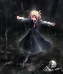  bad_id blonde_hair bone bones cross fang hair_ribbon hakumare highres necktie outstretched_arms rain red_eyes ribbon rumia short_hair skull solo spread_arms touhou 