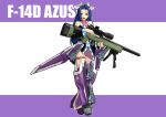  airplane animal_ears bipod blue_hair cosmic_&amp;_funny_(idolmaster) cow_ears cow_horns f-14 ganzyu_i gun horns idolmaster mecha_musume missile miura_azusa rifle scope smile sniper_rifle solo weapon 