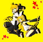  blonde_hair blue_eyes detached_sleeves hair_ornament hair_ribbon hairclip headphones headset kagamine_len kagamine_rin midriff necktie nntn ribbon short_hair shorts siblings twins vocaloid 