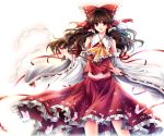  bow brown_eyes brown_hair butterfly detached_sleeves gohei hagiwara_rin hair_bow hakurei_reimu japanese_clothes long_hair midriff miko navel open_mouth ribbon smile standing touhou wide_sleeves 