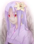  ga-rei ga-rei_zero hair_flower hair_ornament isayama_mei japanese_clothes kimono long_hair purple_hair red_eyes smile sugi 
