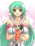  brown_eyes bunny carrot earrings green_hair happy jewelry long_hair pointy_ears rabbit smile yaso_shigeru 