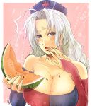  breasts cleavage food fruit hat large_breasts long_hair masa_guren melon silver_hair touhou watermelon yagokoro_eirin 