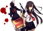  black_hair blunt_bangs desk hime_cut knife long_hair red_eyes school_uniform serafuku shiromiso sword weapon 