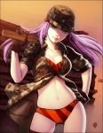  camouflage cleavage commentary fallout fallout_3 gloves hand_on_hip hat lone_wanderer midriff navel original purple_eyes purple_hair qiqo striped thighhighs violet_eyes 