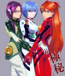  ass ass_grab ayanami_rei bodysuit glasses hairband itori_(artist) lips makinami_mari_illustrious multiple_girls neon_genesis_evangelion plugsuit rebuild_of_evangelion shikinami_asuka_langley smile souryuu_asuka_langley 