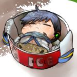  :&lt; agata_no_michi blue_hair chibi closed_eyes food headset ice_cream kaito lowres male scarf sleeping solo vocaloid 