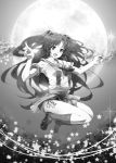  clannad hair_bobbles hair_ornament ichinose_kotomi jumping legs long_hair monochrome moon panties school_uniform striped striped_panties twintails two_side_up underwear wand yuugen 