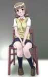  blush brown_hair chair highres legs long_hair nemiosu school_uniform sitting skirt socks sweater yellow_eyes 