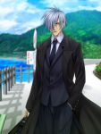  air briefcase cloud clouds formal hair_over_one_eye hands_in_pockets kunisaki_yukito male moonknives mountain mutsuki_(moonknives) necktie outdoors short_hair silver_hair sky solo standing suit trench_coat trenchcoat 