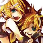  green_eyes hair_ornament hair_over_one_eye hair_ribbon hairclip headphones kagamine_len kagamine_rin musou_yuchi open_mouth ribbon short_hair siblings smile twins vocaloid yumesouyuchi 