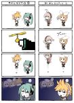  agoaniki aoganiki aqua_hair blonde_hair chibi comic double_lariat_(vocaloid) hair_ornament hair_ribbon hairclip hatsune_miku headphones highres kagamine_len kagamine_rin megurine_luka multiple_4koma pink_hair pixel_art ribbon silent_comic twintails vocaloid what 