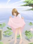  blush brown_eyes brown_hair dress dress_lift feet fish heya_no_sumi nature pink_dress pond sky water wet 