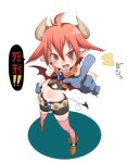  belt chibi chonbo_(artist) demon_girl demon_tail gloves horns midriff navel original pointing pointy_ears red_eyes red_hair redhead short_hair shorts tail thigh-highs thighhighs wings 