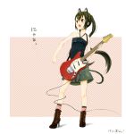  bare_shoulders black_hair boots brown_eyes cat_ears cat_tail guitar highres instrument k-on! kuro_(greenhorn) long_hair mustang(guitar) nakano_azusa open_mouth skirt socks solo tail twintails 